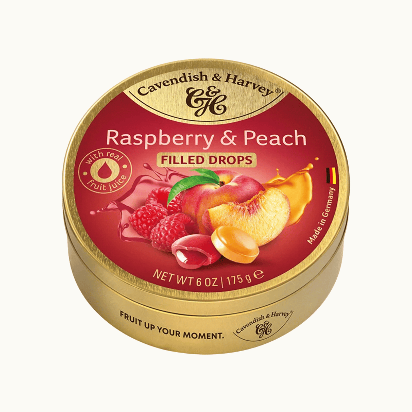 Primary Image of Raspberry & Peach Filled Drops Tin, gold candy tin
