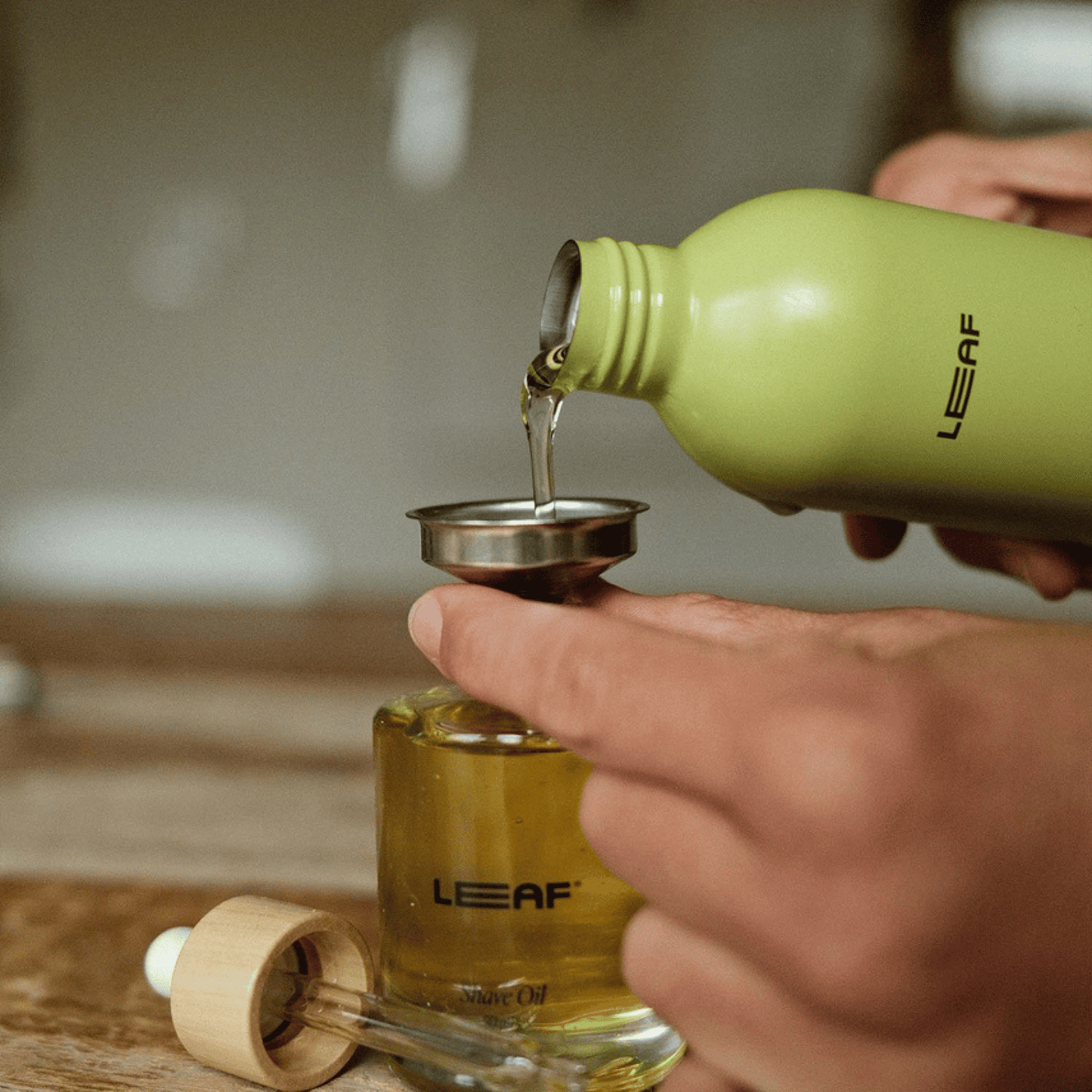Alternate Image of Shave Oil Refill, green aluminum bottle with funnel
