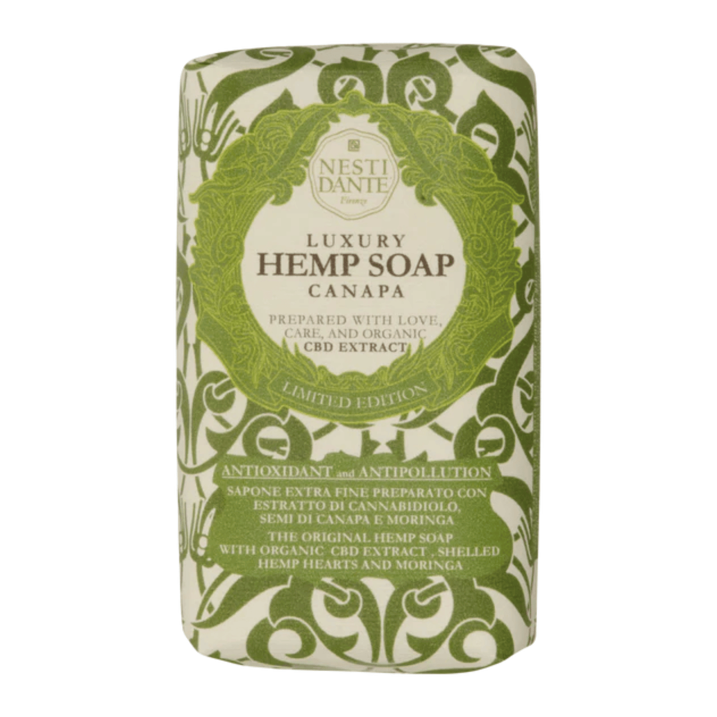 Primary Image of Luxury Hemp Bar Soap, green patterned paper bar soap