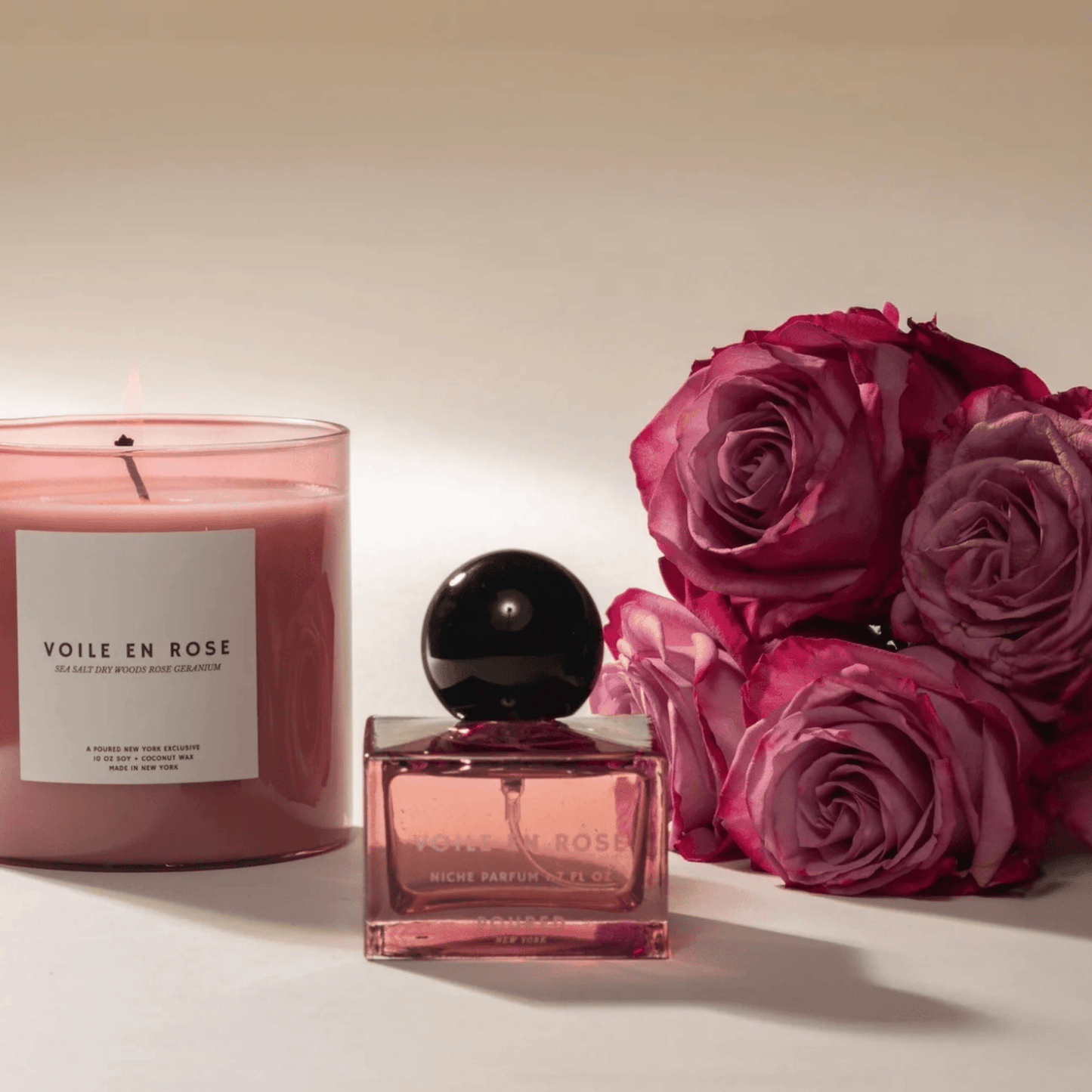 Alternate Image of Voile en Rose Candle, pink candle vessel with white label and square pink perfume bottle