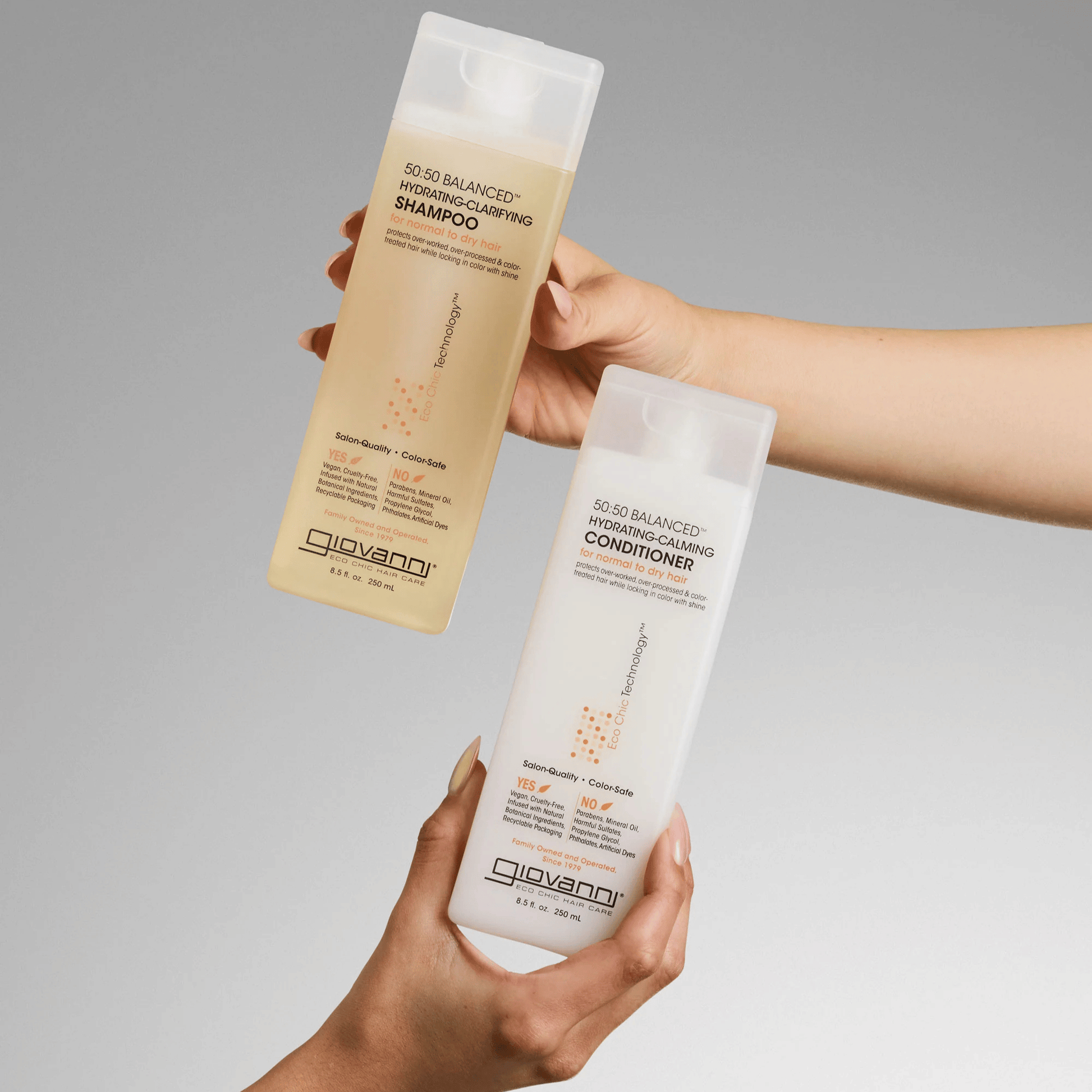 Alternate image, models holding yellow shampoo and white conditioner bottles