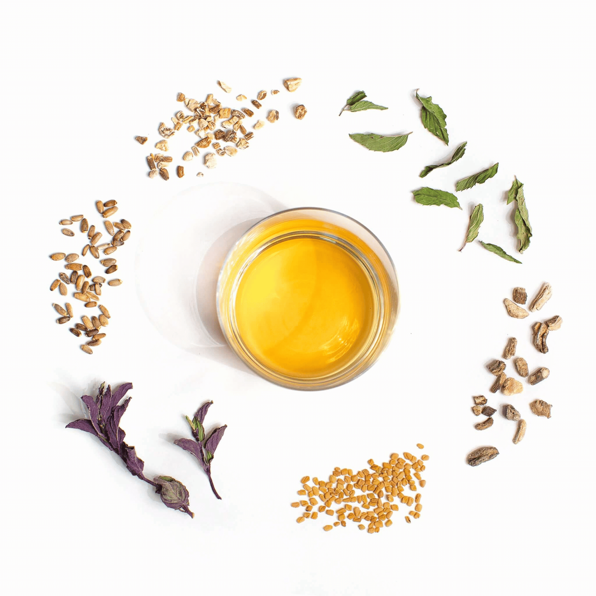 Alternate image of cup of tea surrounded by leaves and flowers from the tea