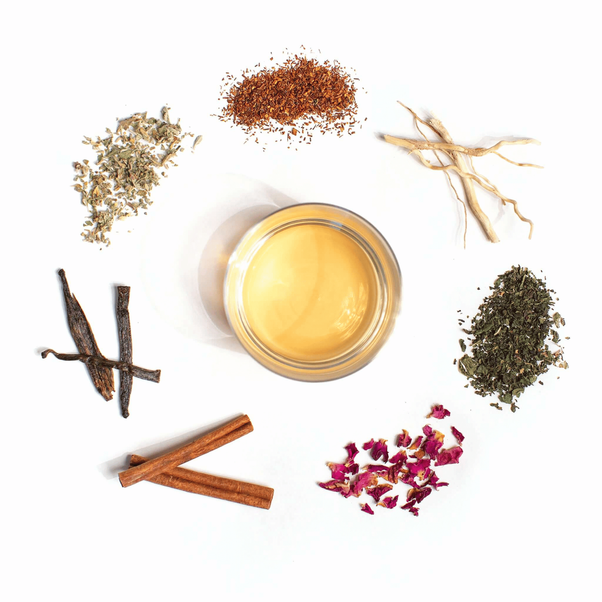 Alternate image of cup of tea surrounded by leaves and flowers from the tea