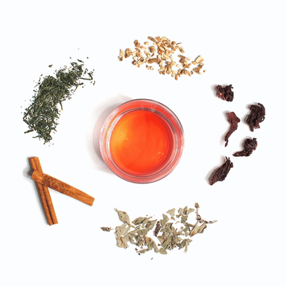 Alternate image of cup of tea surrounded by leaves and flowers from the tea