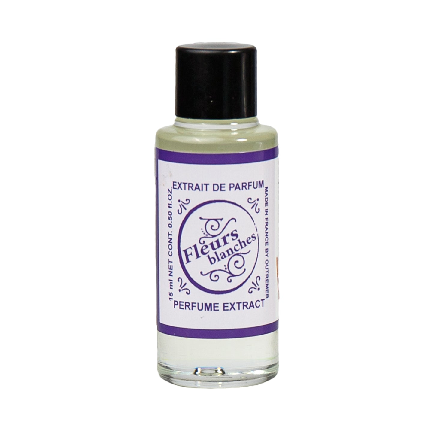 Primary Image of Fleurs Blanches Perfume Extract, a small glass bottle with a label that says fleurs blanches perfume extract