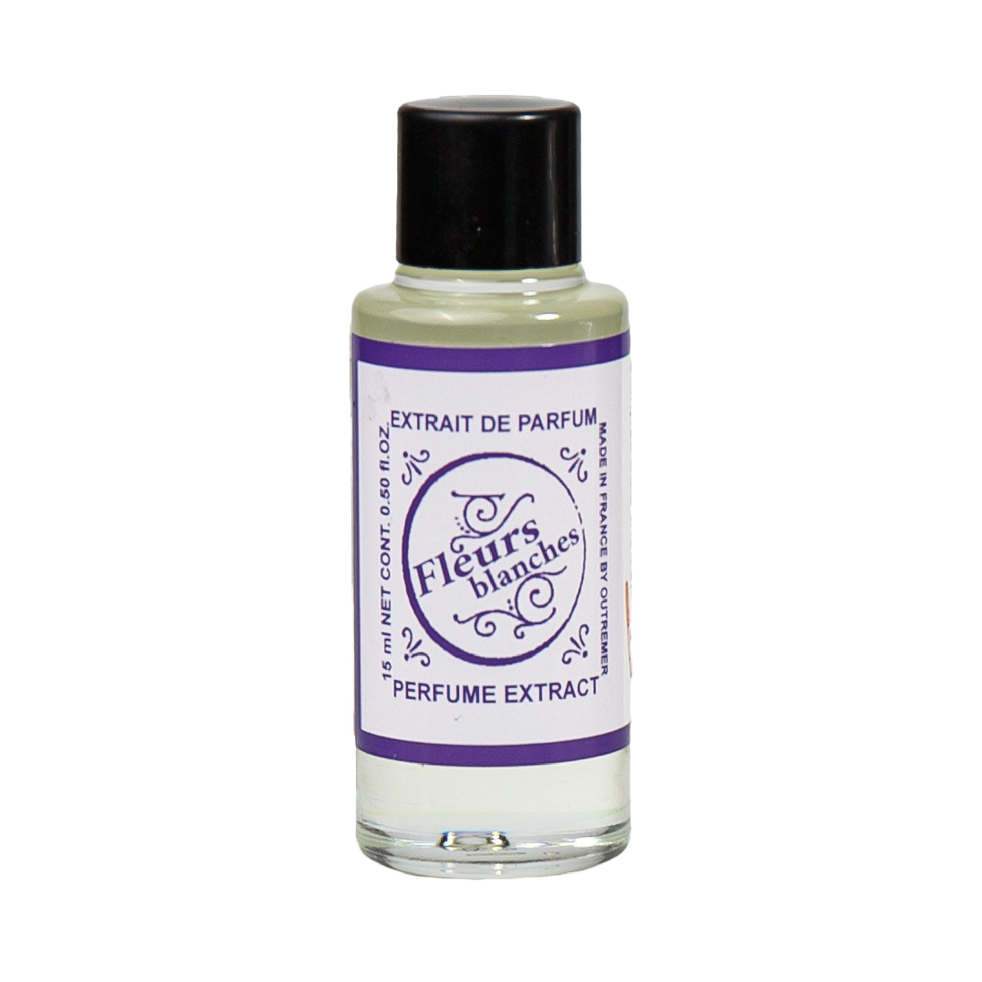 Primary Image of Fleurs Blanches Perfume Extract, a small glass bottle with a label that says fleurs blanches perfume extract