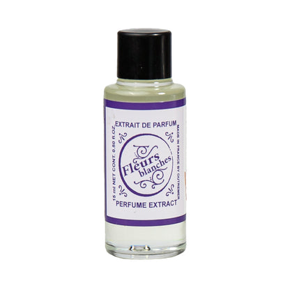 Primary Image of Fleurs Blanches Perfume Extract, a small glass bottle with a label that says fleurs blanches perfume extract