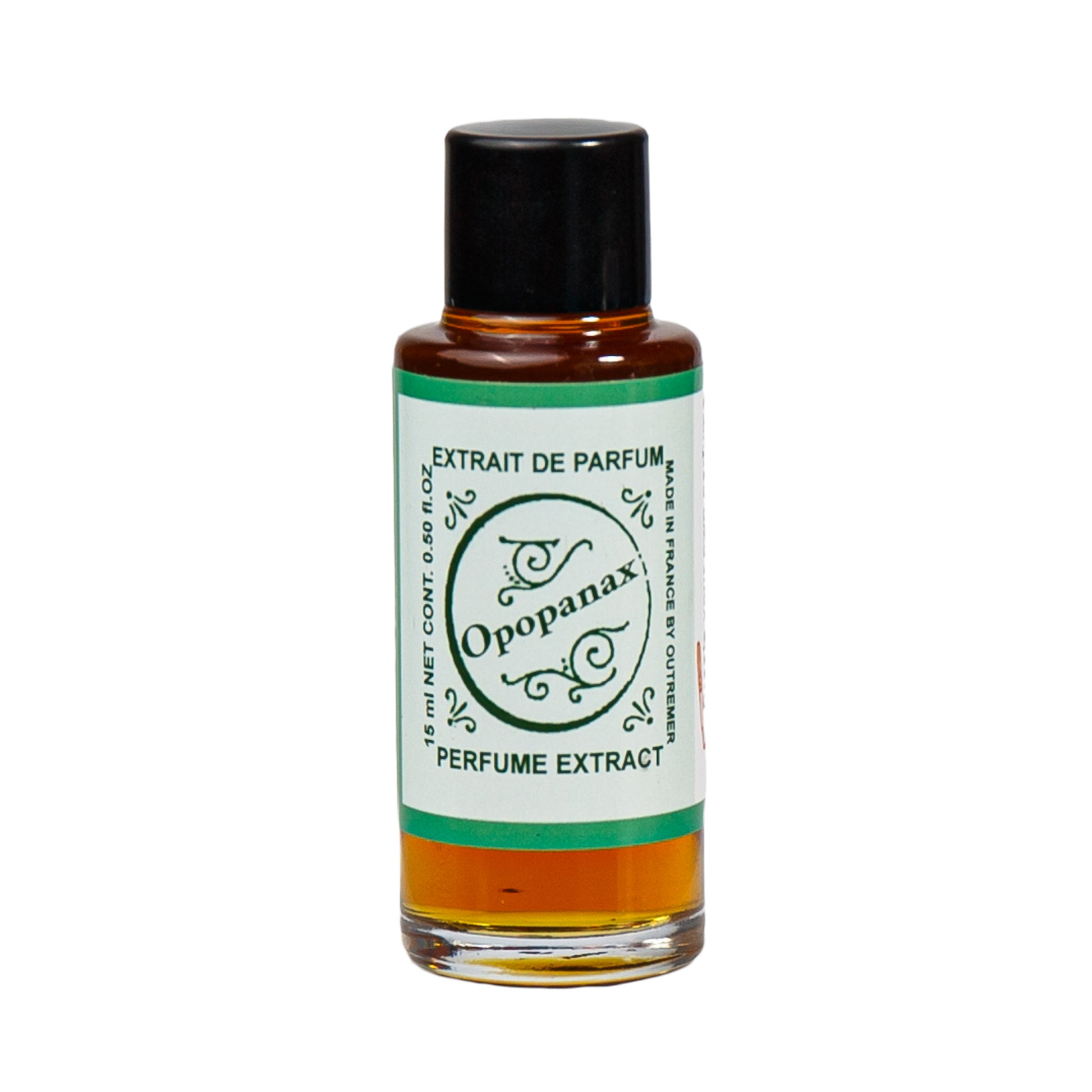 Primary Image of Opopanax Perfume Extract, a small glass bottle with a label that says opopanax perfume extract