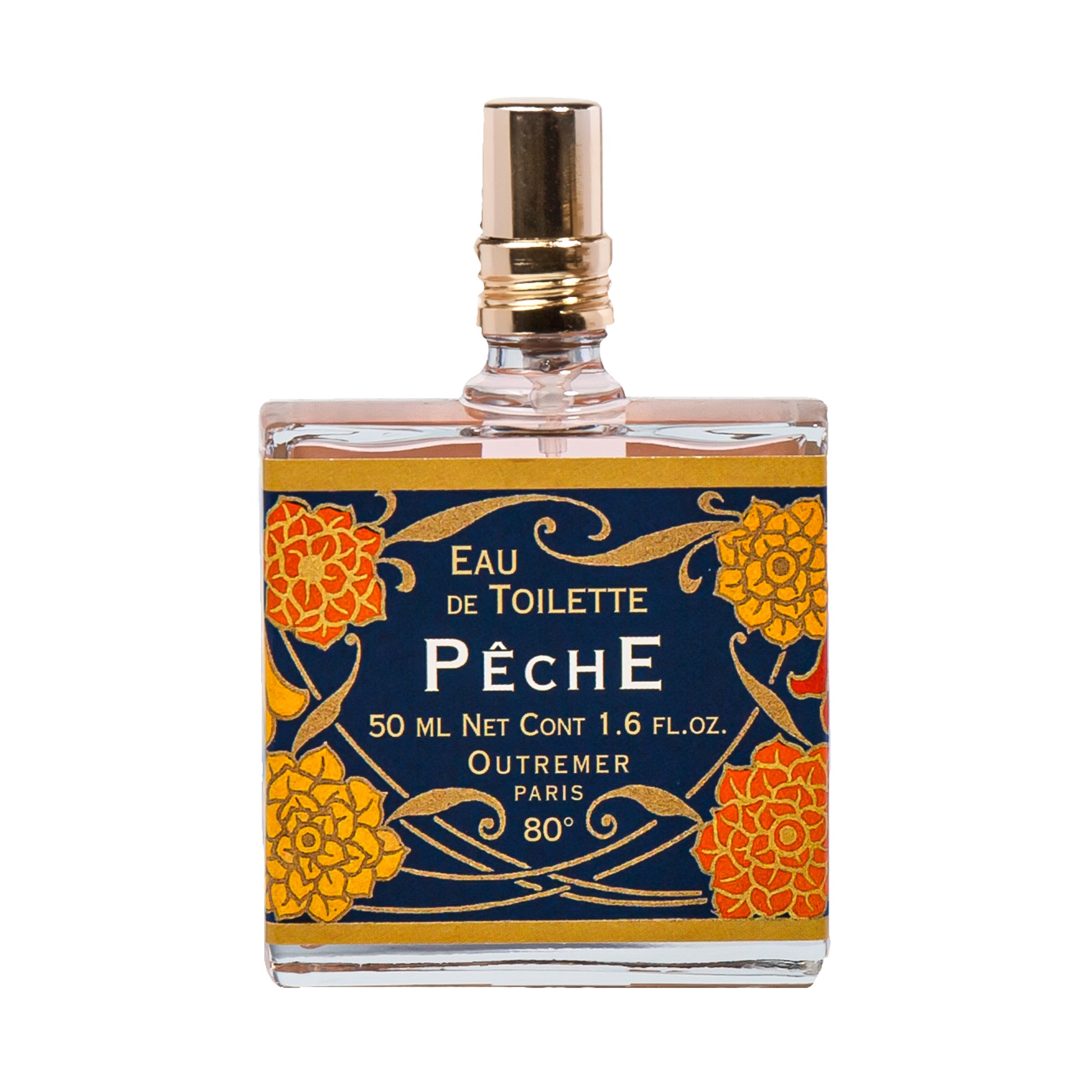 Primary Image of Peche (Peach) Eau de Toilette, square perfume bottle with illustrated label