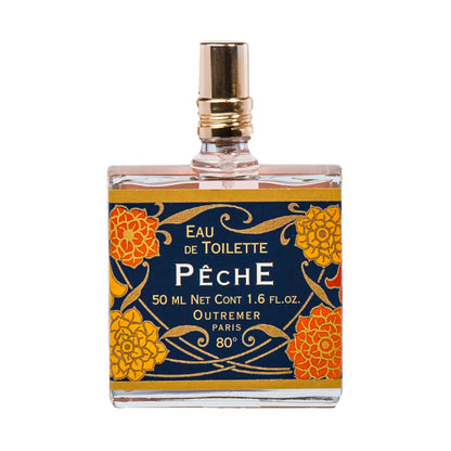 Primary Image of Peche (Peach) Eau de Toilette, square perfume bottle with illustrated label