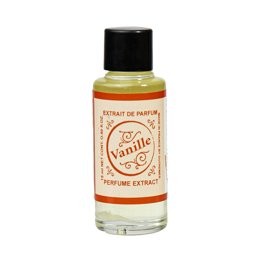 Primary Image of Vanille Perfume Extract, a small glass bottle with a label that says vanille perfume extract