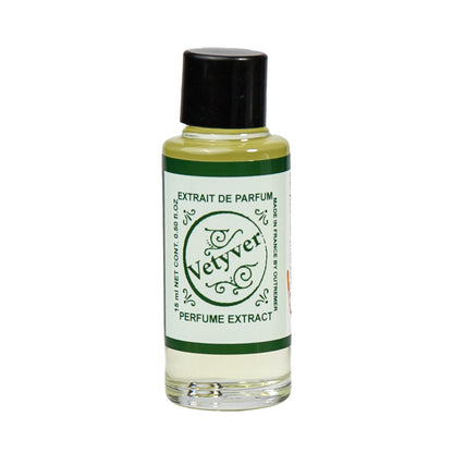 Primary Image of Vetyver Perfume Extract, a small glass bottle with a label that says vetyver perfume extract