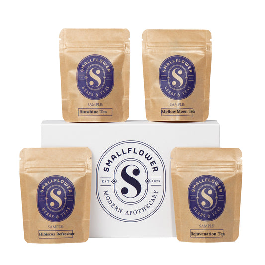 Primary Image of Vitality Blends Sampler Set, white box and 4 brown tea pouches