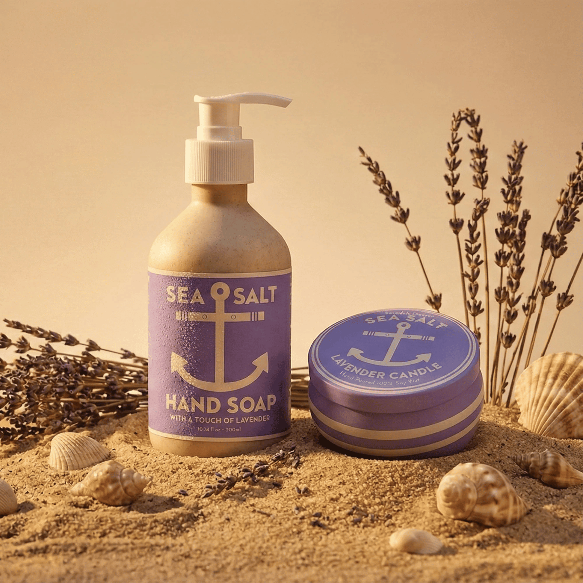 Alternate image of purple soap next to Lavender Sea Salt candle on beach