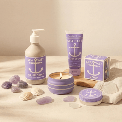 Alternate image of lavender soap next to other lavender sea salt products