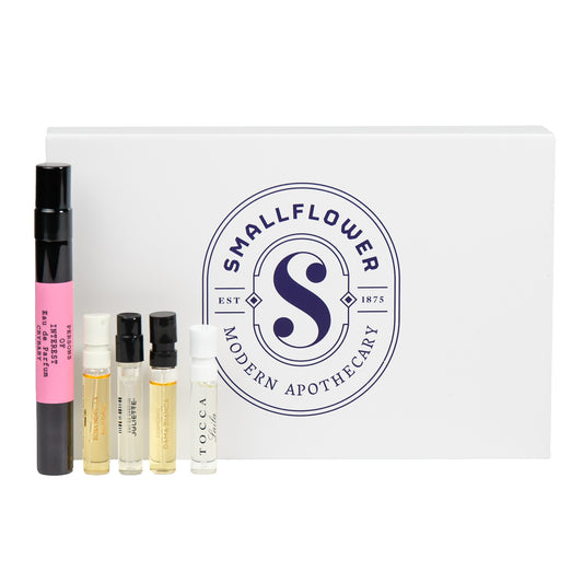 Primary Image of Valentine's Day Sample Set, white logo box with 1 travel size and 4 sample size fragrances