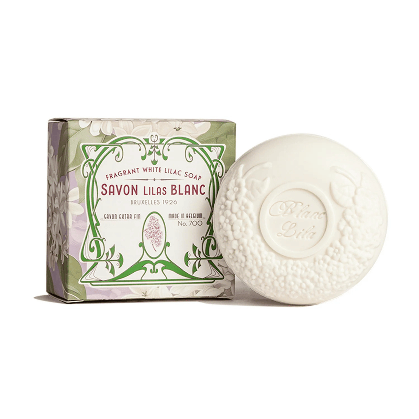 Primary Image of Blanc Lila Lilac Soap, white bar soap and illustrated box