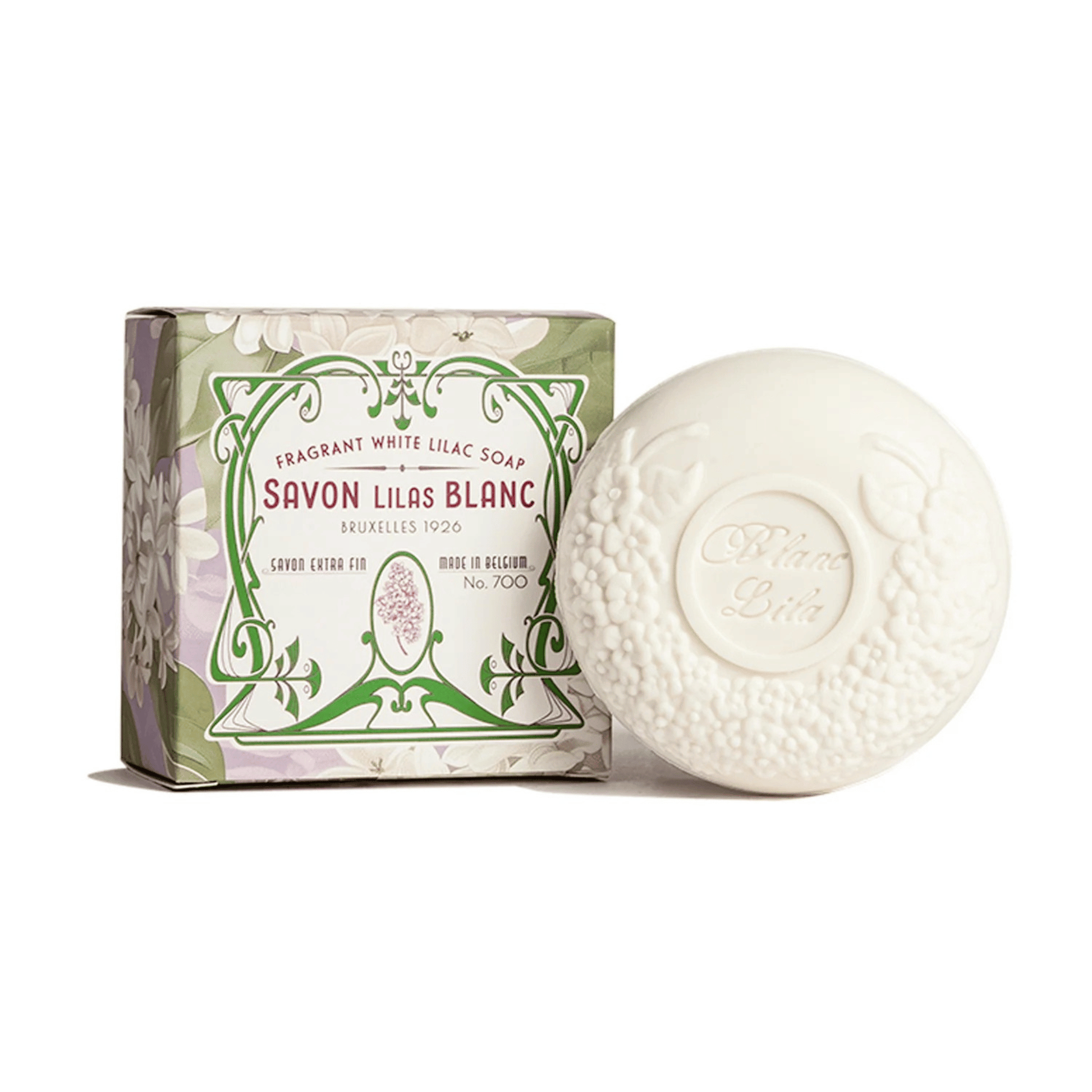 Primary Image of Blanc Lila Lilac Soap, white bar soap and illustrated box
