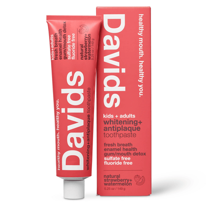 Atlernate Image of Natural Strawberry Watermelon Whitening + Anti-Plaque Toothpaste, red toothpaste tube