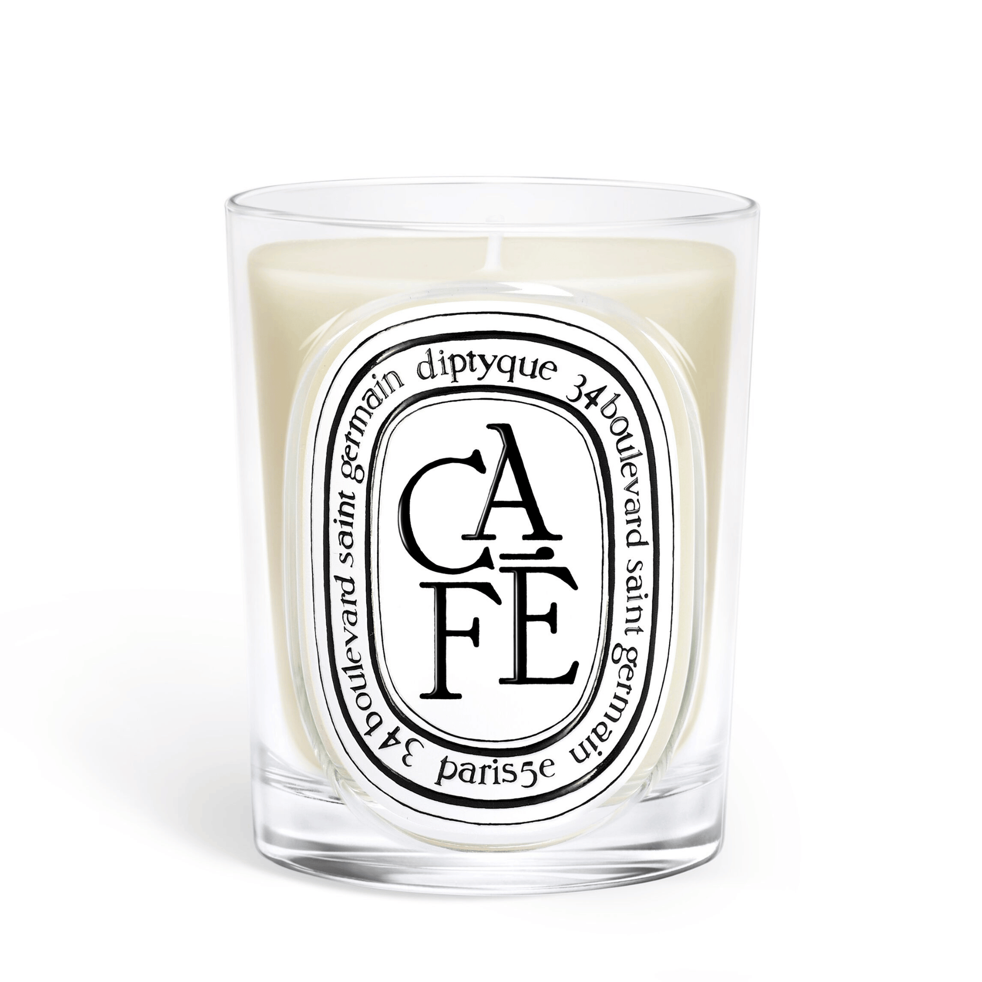 Primary Image of Cafe Candle, clear glass vessel with black and white oval label