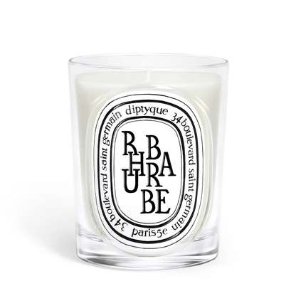 Primary Image of Rhubarb Candle, clear glass vessel with black and white oval label