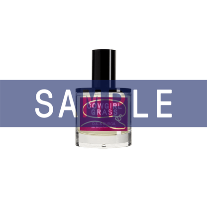 Primary Image of Sample - Cowgirl Grass EDP, perfume bottle with pink label with sample written over it