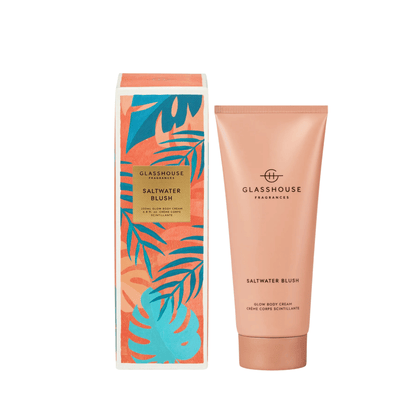 Primary Image of Saltwater Blush Glow Body Cream, bronze lotion tube and illustrated box