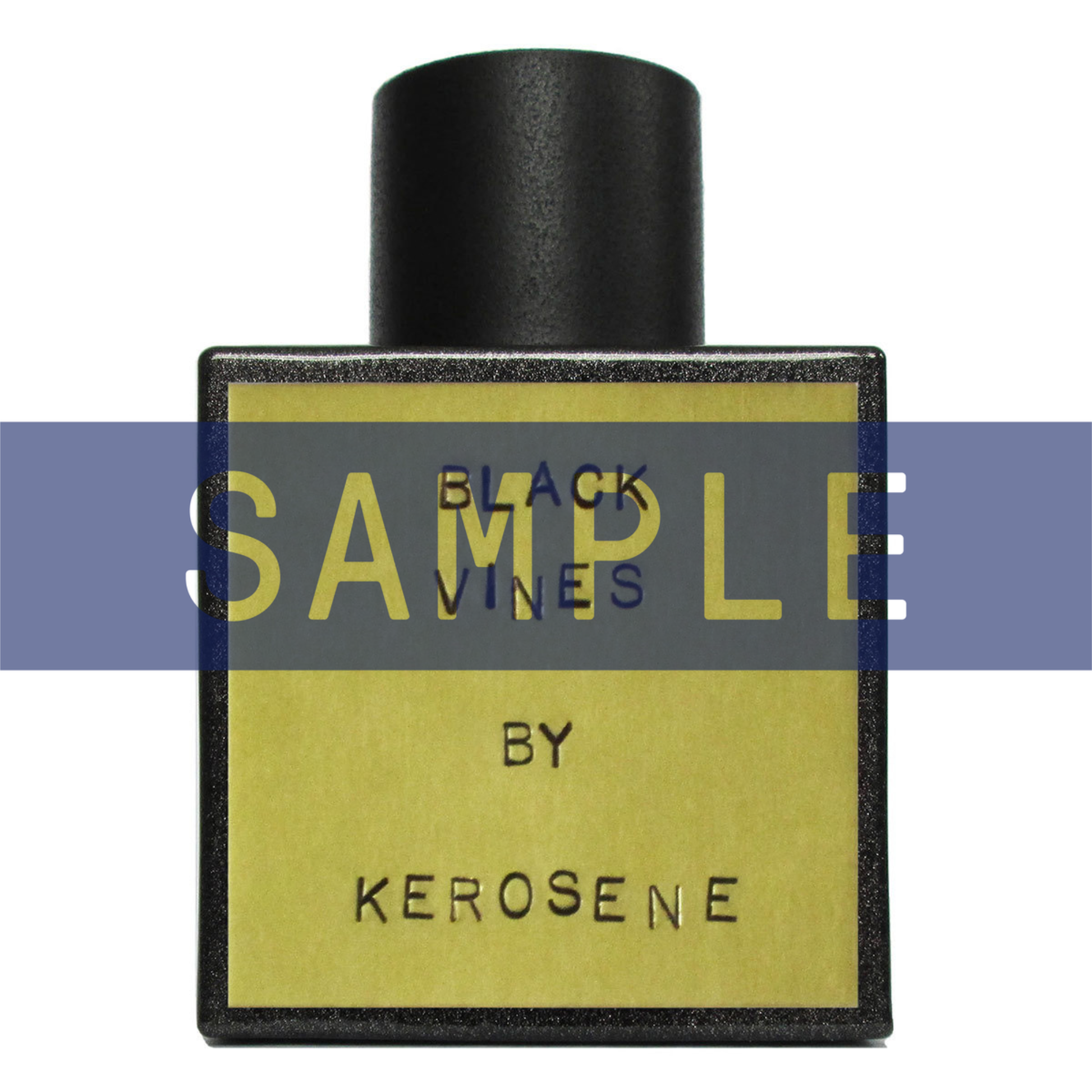 Primary Image of Sample - Black Vines EDP, black perfume bottle with brass label with sample written on top