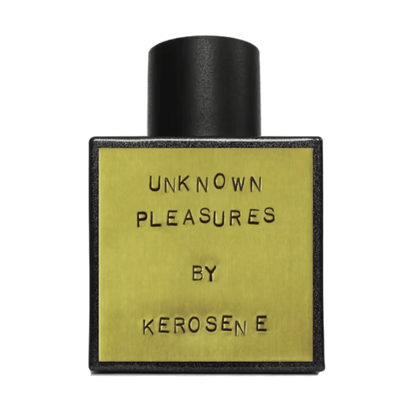 Primary Image of Unknown Pleasures EDP, black perfume bottle with brass label plate