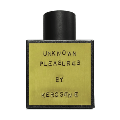 Primary Image of Unknown Pleasures EDP, black perfume bottle with brass label plate