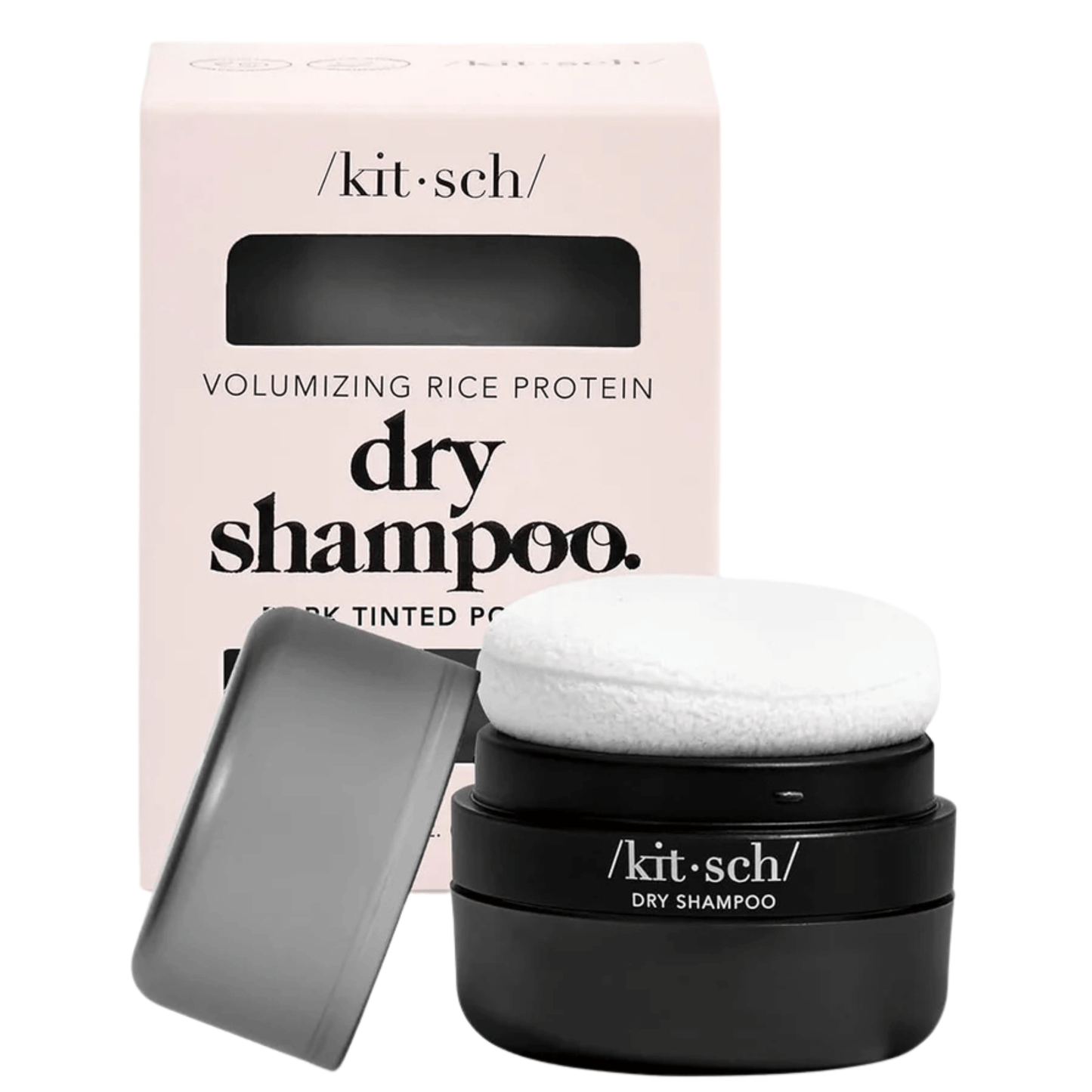 Primary Image of Dark Tinted Volumizing Dry Shampoo Puff, small black dry shampoo container with puff