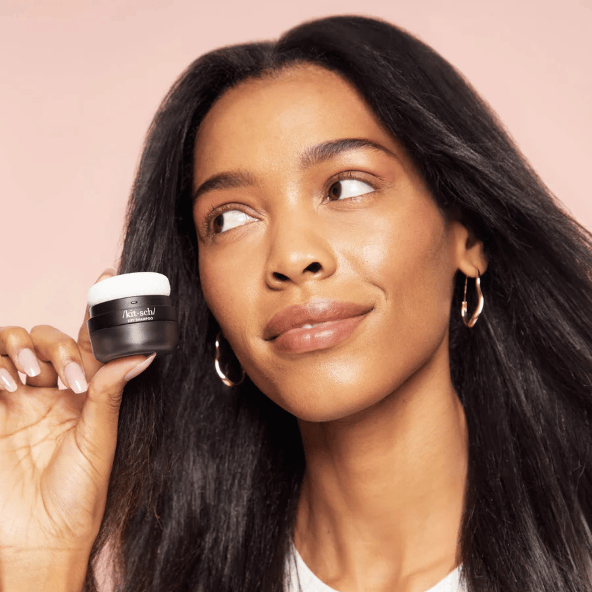 Alternate Image of Dark Tinted Volumizing Dry Shampoo Puff, small black dry shampoo container with puff