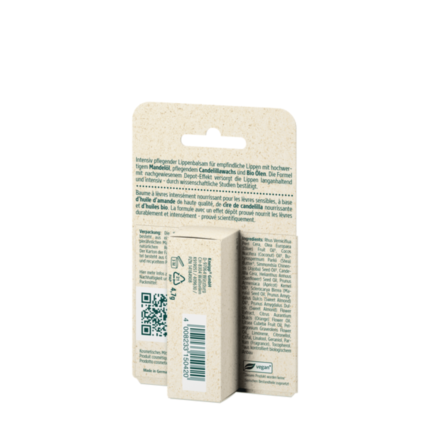 Atlernate Image of Almond Care Lip Balm,  beige lip balm tube and package