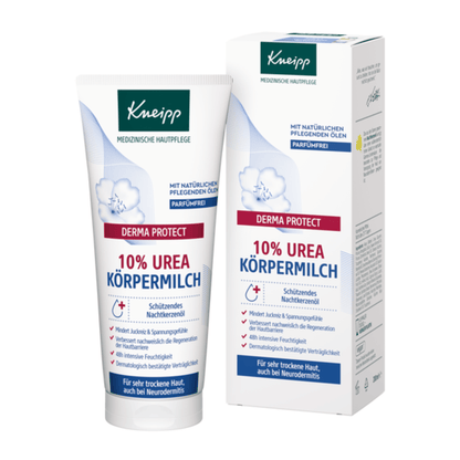 Primary Image of  Derma Protect 10% Urea Body Milk, lotion squeeze tube and box with German writing