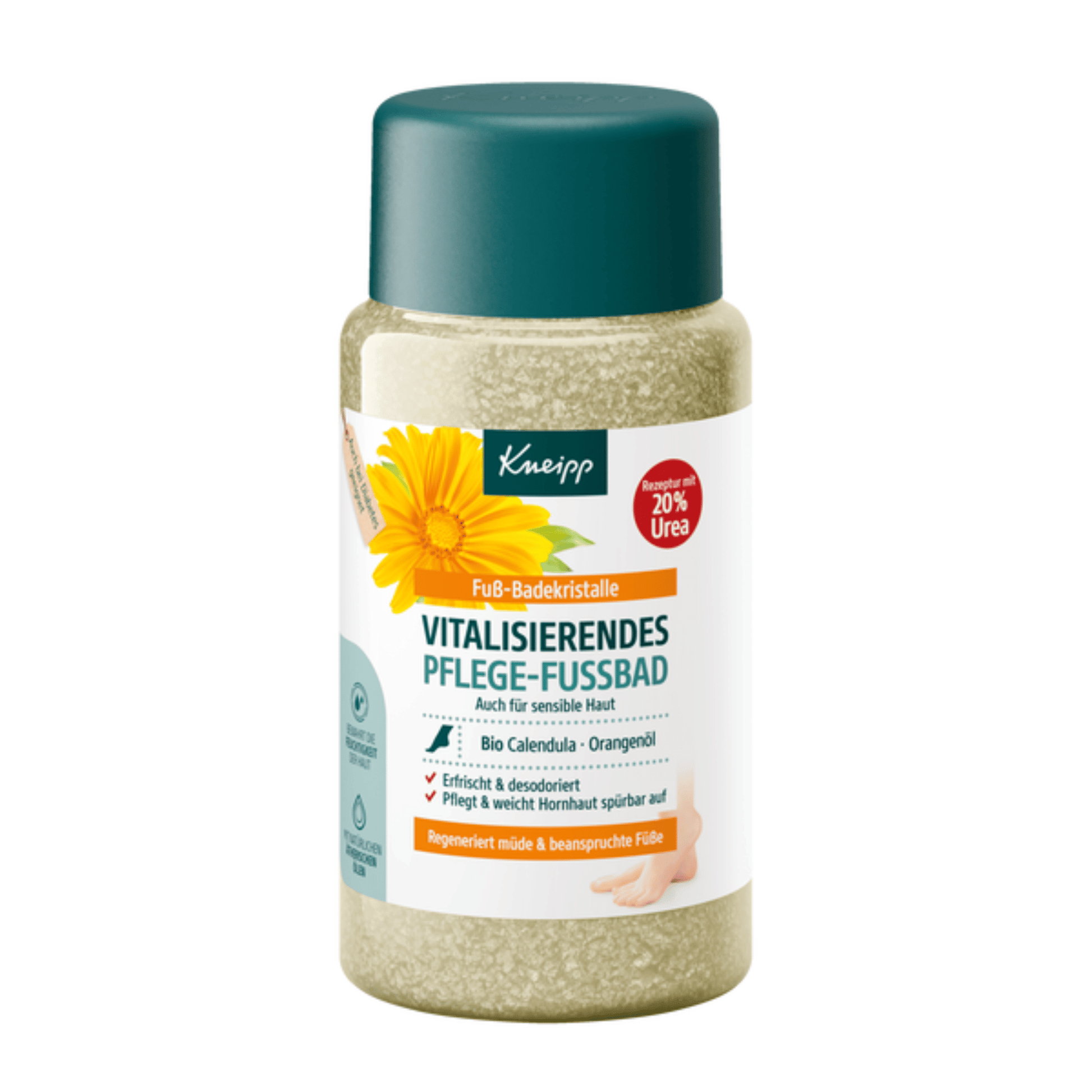 Primary Image of Calendula & Orange Invigorating Foot Bath, round jar full of bath crystals with green lid