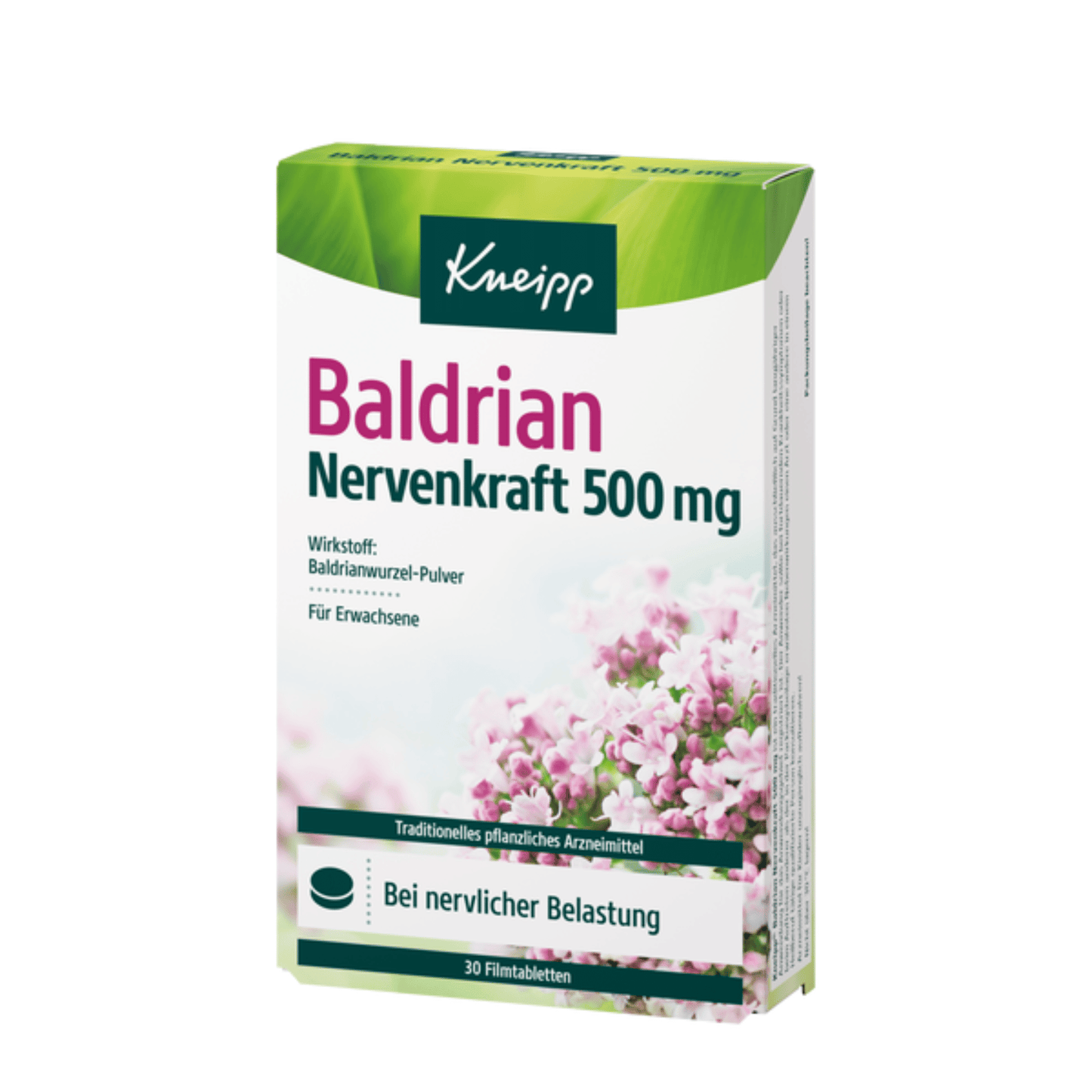 Primary Image of Valerian Nerve Strength 500mg, herbal supplement box with German writing