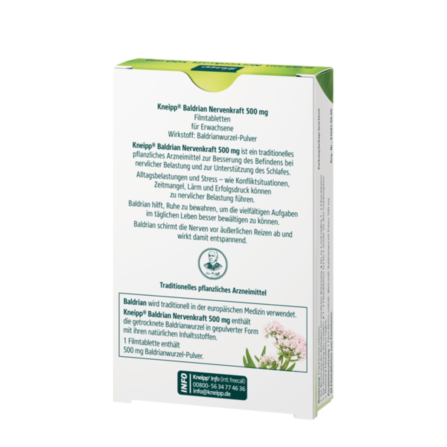 Alternate Image of Valerian Nerve Strength 500mg, herbal supplement box with German writing