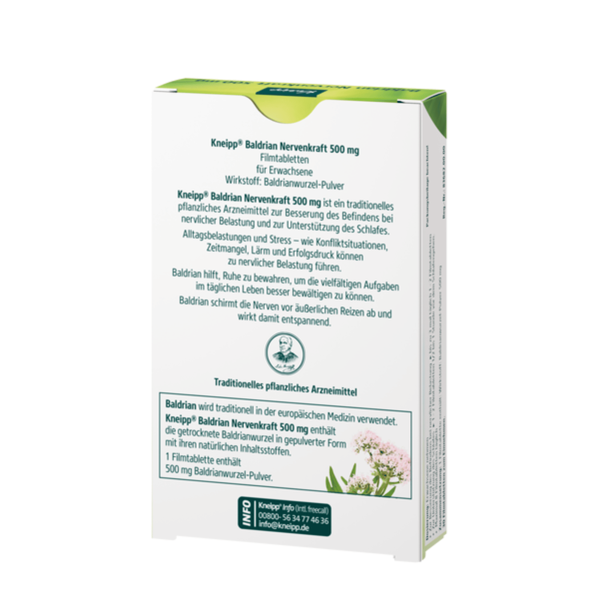 Alternate Image of Valerian Nerve Strength 500mg, herbal supplement box with German writing