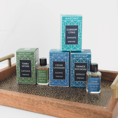 Alternate Image of Cedar Lavender Perfume Oil, blue and green labelled perfume bottles and boxex