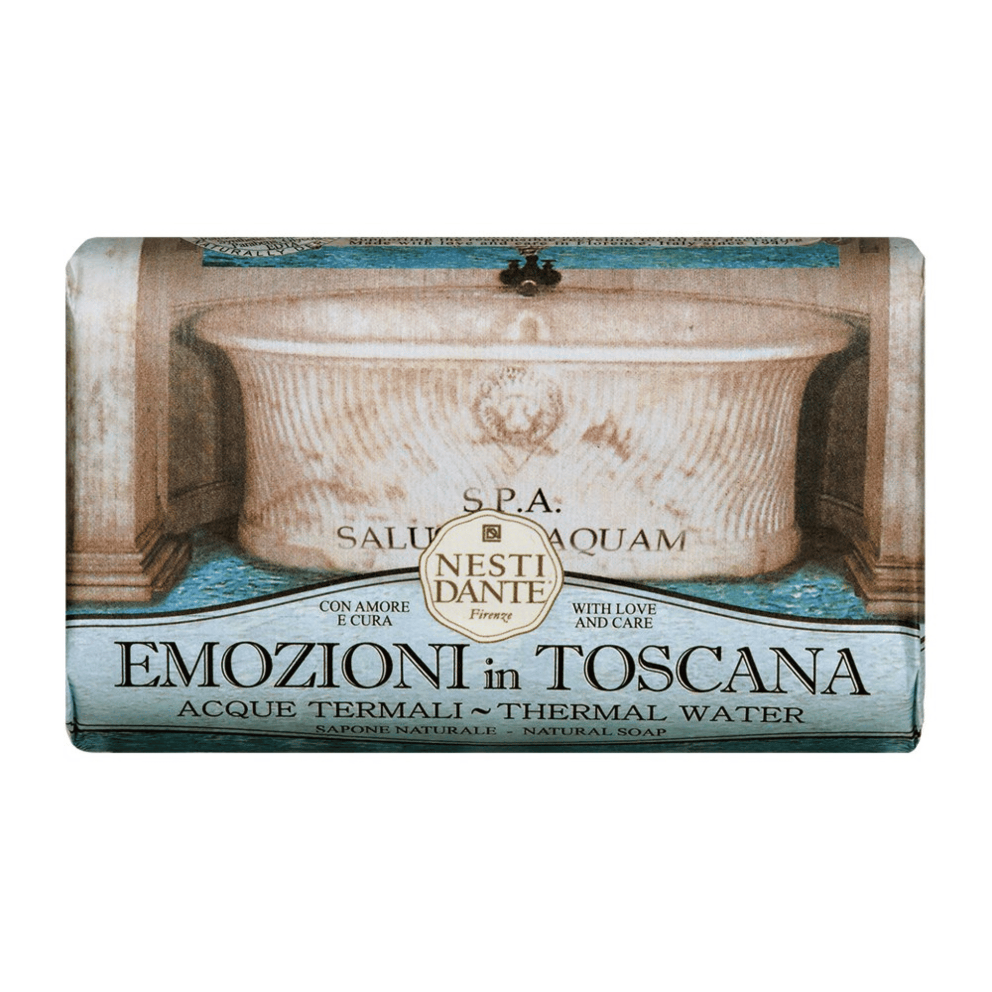 Primary Image of Emozioni in Toscana Thermal Water Bar Soap, blue paper wrapped bar soap