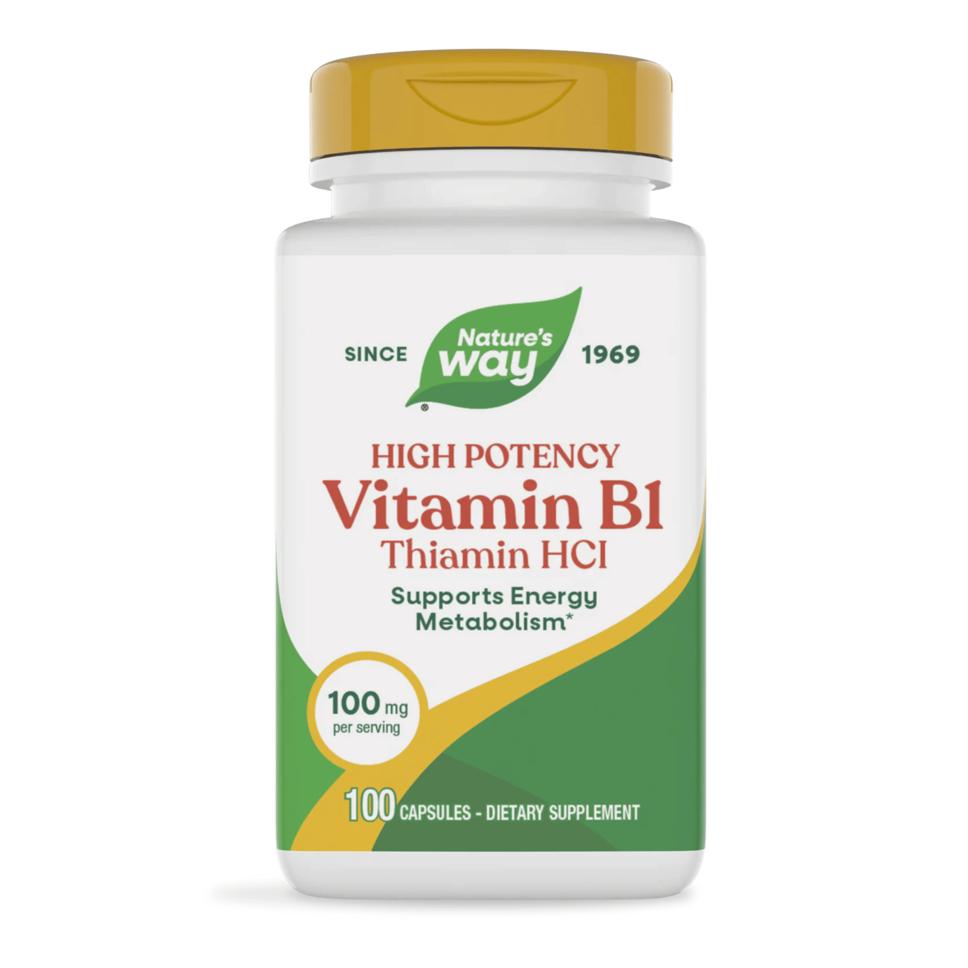 Primary Image of Vitamin B1 High Potency Thiamin HCl, green and white supplement bottle with yellow cap