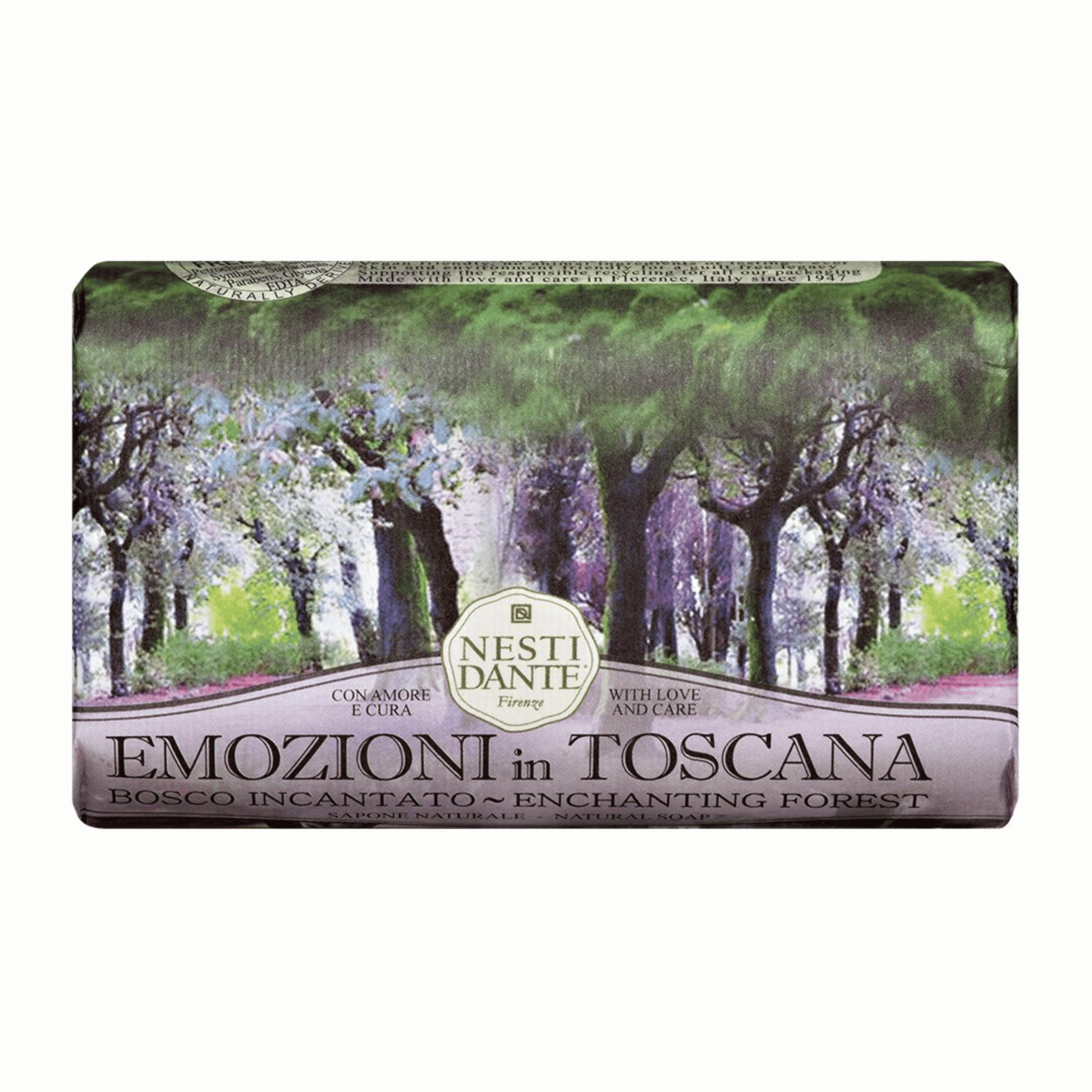 Primary Image of Emozioni in Toscana Enchanting Forest Bar Soap, purple and green paper wrapped bar soap