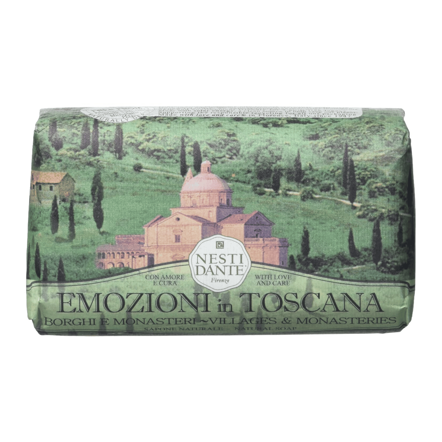 Primary Image of Emozioni in Toscana Villages and Monasteries Bar Soap, green paper wrapped soap