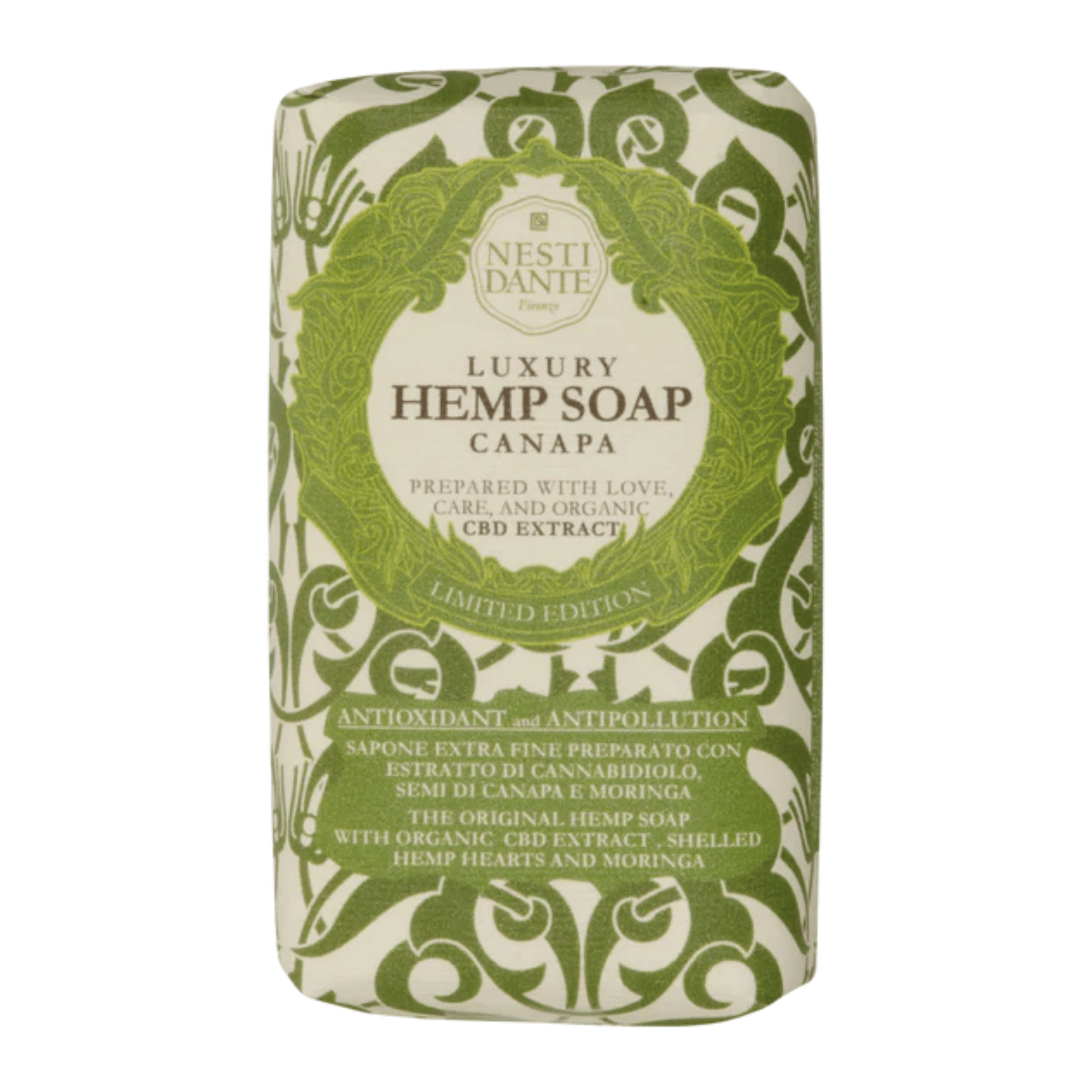Primary Image of Luxury Hemp Bar Soap, green patterned paper bar soap