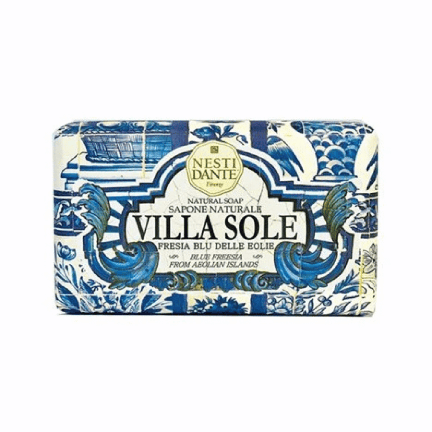 Primary Image of Villa Sole Blue Freesia Bar Soap, blue and white paper wrapped bar soap