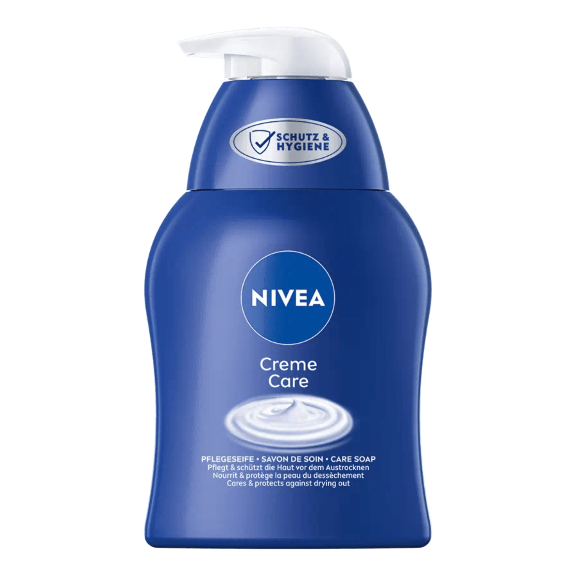 Primary Image of Creme Care Liquid Soap, dark blue soap bottle with pump with German writing