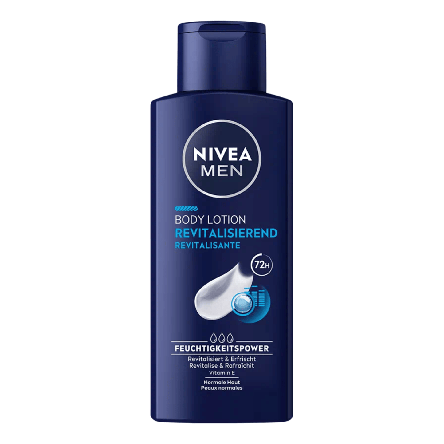 Primary Image of Revitalizing Body Lotion for Men, dark blue lotion bottle with German writing