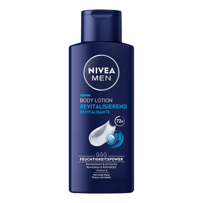 Primary Image of Revitalizing Body Lotion for Men, dark blue lotion bottle with German writing