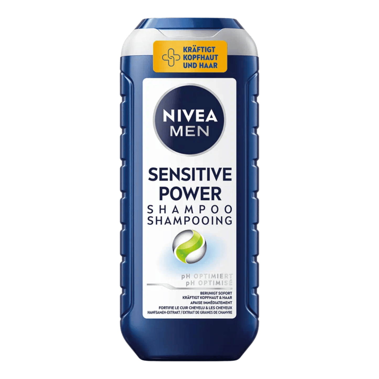 Primary Image of Sensitive Power Shampoo for Men, blue bottle with white label