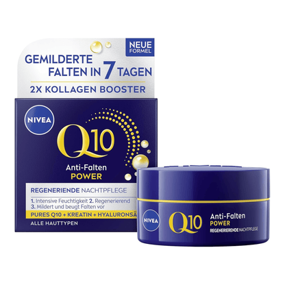 Primary Image of Q10 Power Anti-Wrinkle Night Cream, dark blue face cream jar and box with German writing